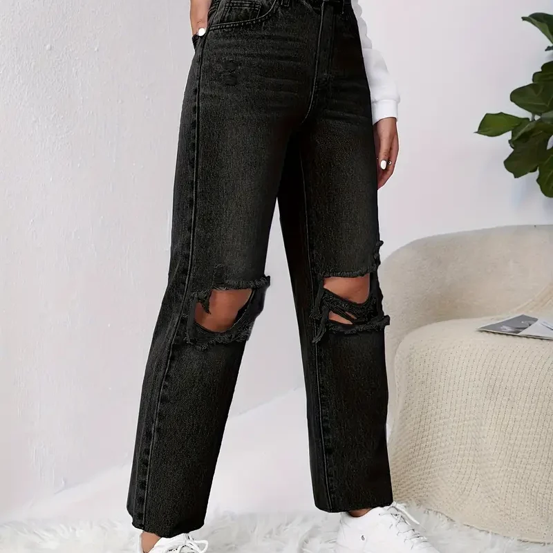 Women's High-Waisted Ripped Straight Leg Jeans